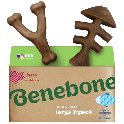 Benebone 2-Pack Indestructible Fishbone/Wishbone Dog Chew Toys, Long Lasting Tough Boredom Breaker for Dogs, Real Salmon and Real Bacon Flavour, For Large Dogs, Made in USA von Benebone
