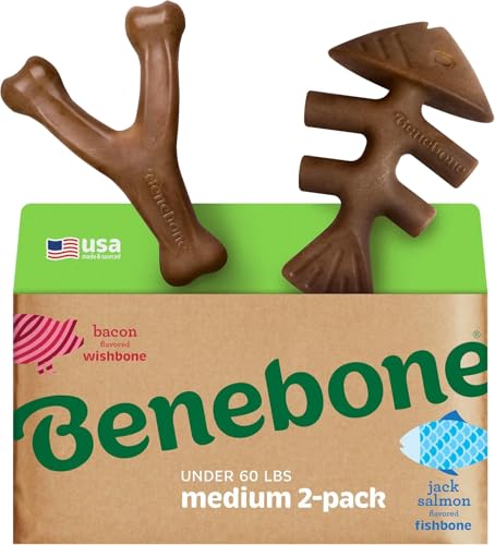 Benebone 2-Pack Indestructible Fishbone/Wishbone Dog Chew Toys, Long Lasting Tough Boredom Breaker for Dogs, Real Salmon and Real Bacon Flavour, For Medium Dogs, Made in USA von Benebone
