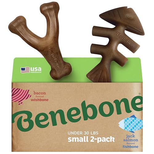 Benebone 2-Pack Indestructible Fishbone/Wishbone Dog Chew Toys, Long Lasting Tough Boredom Breaker for Dogs, Real Salmon and Real Bacon Flavour, For Small Dogs, Made in USA von Benebone