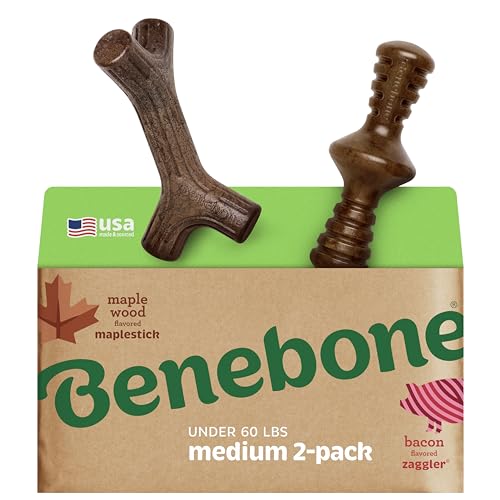 Benebone 2-Pack Indestructible Maplestick/Zaggler for Aggressive Chewers, Long Lasting Tough Boredom Breaker for Dogs, Real Bacon and Maple Wood Flavour, For Medium Dogs, Made in the USA. von Benebone