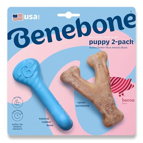 Benebone Welpen 2er-Pack Gummiknochen/Wishbone Kauspielzeug, echter Speck, Größe Tiny Benebone Welpen 2er-Pack Gummiknochen/Wishbone Kauspielzeug, echter Speck, Größe Tiny von Benebone