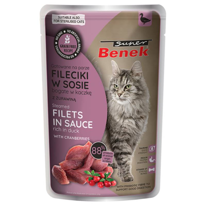 Super Benek Getreidefrei Gedämpfte Filets 28 x 85 g - Ente mit Cranberries in Sauce von Benek