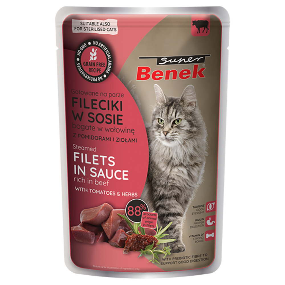 Super Benek Getreidefrei Gedämpfte Filets 28 x 85 g - Rind mit Tomaten in Sauce Super Benek Getreidefrei Gedämpfte Filets 28 x 85 g - Rind mit Tomaten in Sauce von Benek