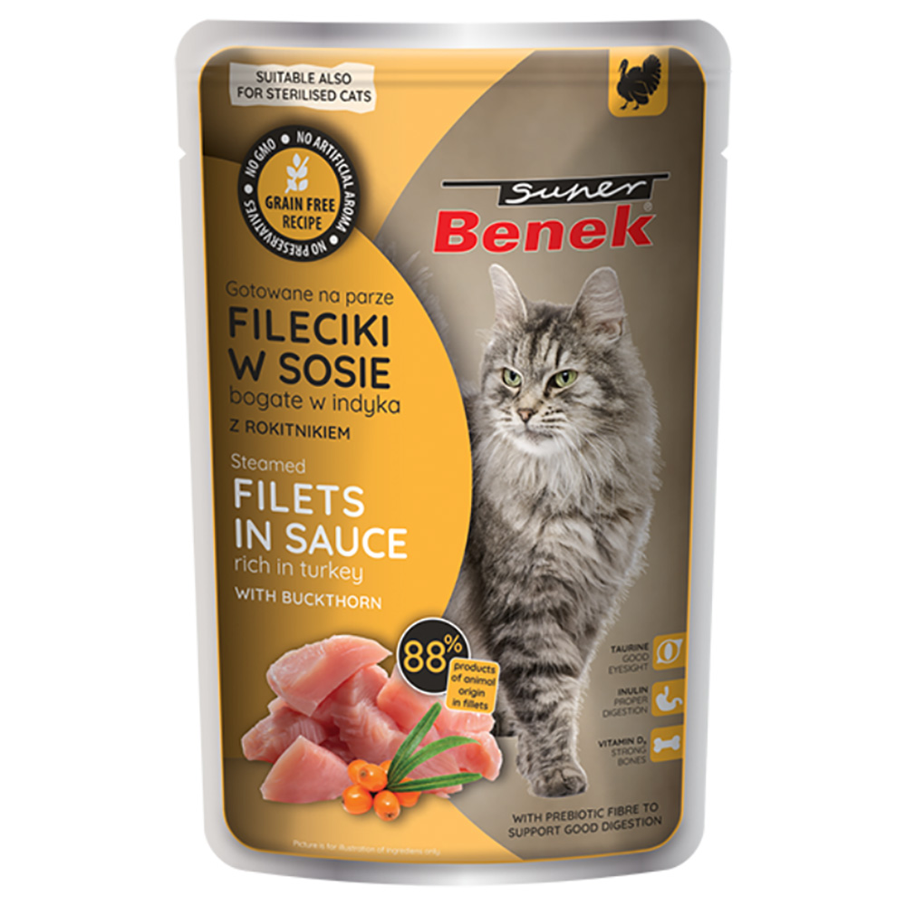 Super Benek Getreidefrei Gedämpfte Filets 28 x 85 g - Truthahn mit Sanddorn in Sauce von Benek