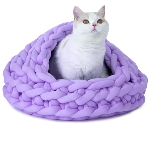 Beneluckyo Gestrickte Katzenhöhle, 50,8 cm, kleine Katzenbetten für Hauskatzen, Kätzchen oder Welpen, flexibles Haustierbett, verwandelt sich in Zelt, Nest oder Pad, maschinenwaschbar, Violett von Beneluckyo