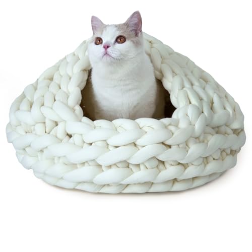 Beneluckyo Handgewebtes Katzenbett für Indoor-Katzen, 50,8 cm, flexible Katzenhöhle, verwandelt sich in Zelt, Nest oder Pad, waschbares grobes Garn, Kätzchen und kleines Haustierbett, cremefarben Beneluckyo Handgewebtes Katzenbett für Indoor-Katzen, 50,8 cm, flexible Katzenhöhle, verwandelt sich in Zelt, Nest oder Pad, waschbares grobes Garn, Kätzchen und kleines Haustierbett, cremefarben von Beneluckyo