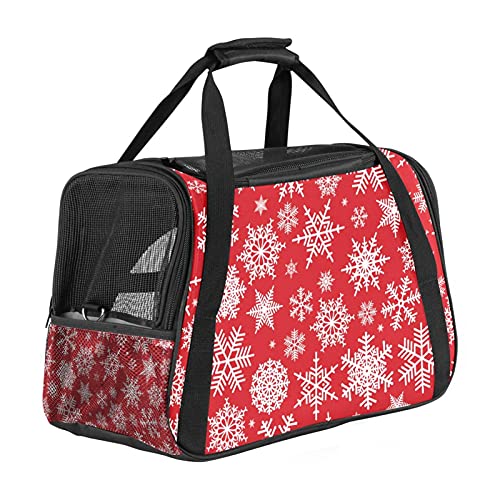 Haustier-Reisetasche, 43,2 x 25,4 x 20,4 cm, Sicherheits-Reise-Tragetasche, weiche Seiten, Netzgewebe, für Welpen, Katzen, Schneeflocken auf rotem Grund von Bennigiry