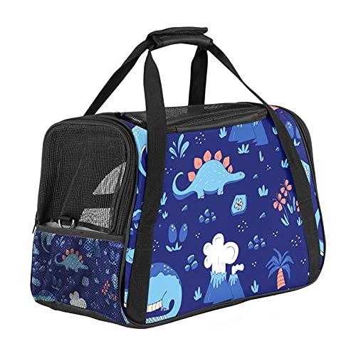 Haustier-Reisetasche, tragbar, für Welpen, Katzen, leicht zu tragen, weiche Seiten, Netz-Tragetasche, starke Atmungsaktivität, 43,2 x 25,4 x 30,6 cm, Dinosaurier-Blau von Bennigiry