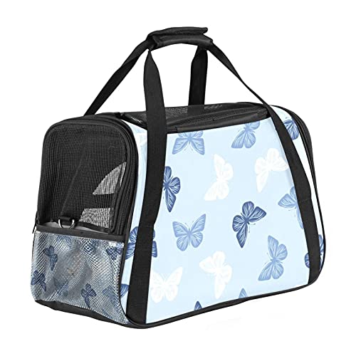 Haustier-Reisetasche für Katzen und Hunde, faltbar, weiche Seiten, Netzstoff, sichere Tragetasche, Fluggesellschaften zugelassen, blaues Muster mit Schmetterlingen von Bennigiry