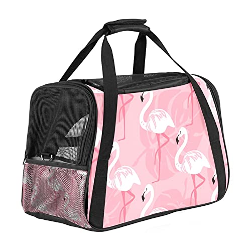 Haustier-Reisetasche für Welpen, Katzen, leicht zu tragen, weiche Seiten, Netz-Tragetasche, starke Atmungsaktivität, 43,2 x 25,4 x 20,4 cm, tropisches rosa Flamingo-Muster von Bennigiry