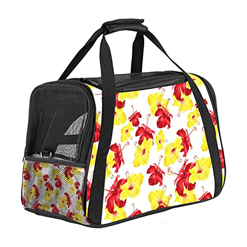 Haustier-Reisetasche für Welpen, Katzen, leicht zu tragen, weiche Seiten, Netz-Tragetasche, starke Atmungsaktivität, 43,2 x 25,4 x 30,6 cm, Gelb / Rot / Gibiskusblüten / Blumenmuster von Bennigiry