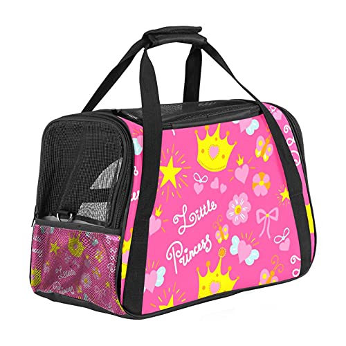 Haustier-Reisetasche für Welpen, Katzen, leicht zu tragen, weiche Seiten, Netz-Tragetasche, starke Atmungsaktivität, 43,2 x 25,4 x 30,6 cm, rosa gelbe Krone, Blumen, kleine Prinzessin von Bennigiry