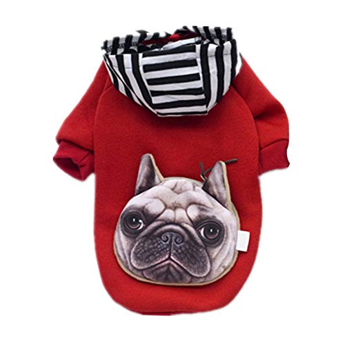 Haustier-Hunde-Kleidung, Weste, Wintermantel, Hundepullover, weich, warm, mit Cartoon-bedruckten Taschen, gestreifter Kapuzenmantel, Hundekleidung – Rot M von Benoon