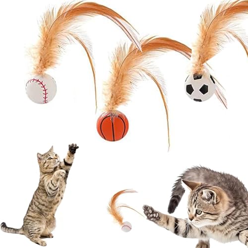 Beojonvy 3 Stück Hüpfender Katzenball mit Feder 2025 Neues Interaktives Feder-Katzenball Elastischer hochelastischer Hüpfzeug Federballspielzeug Katzenspielzeug für Katzen Drinnen & Draußen von Beojonvy