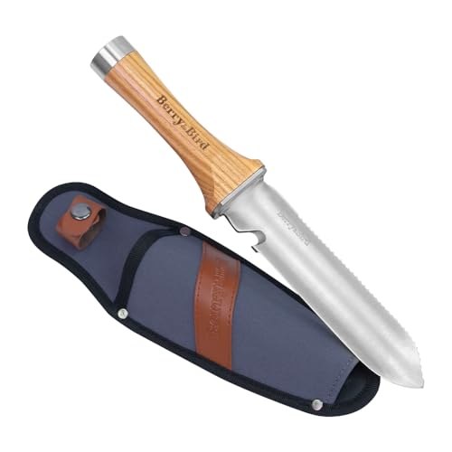 Berry&Bird Hori Hori Gartenmesser, Mehrzweck-Gartenmesser mit 17 cm Langer, doppelschneidiger, scharfer Edelstahlklinge, Bodenmesser mit Segeltuchscheide, für Gartenarbeit, Jäten, Graben, Schneiden von Berry&Bird