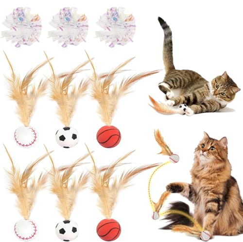 9 Stück Interaktives Katzenspielzeug Ball Set, Hüpfender Katzenball mit Feder, Katzenspielzeug Feder Katzenbälle, Knisterball für Katzen Hüpfballspielzeuge Hochelastischer Spaß für Katzen Geschenk von Bertifive