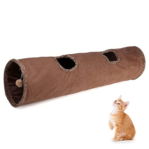 Beruyu Faltbar Katzentunnel Katzenspielzeug, Große Katzentunnel für Indoor Katzen, Wildleder Haustier Spieltunnel mit Ball und Peek Hole für Katzen Kaninchen und Welpen, 130×30cm (Braun) von Beruyu