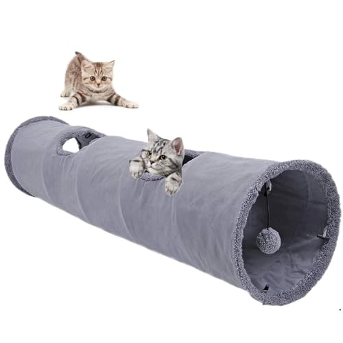 Beruyu Faltbar Katzentunnel Katzenspielzeug, Große Katzentunnel für Indoor Katzen, Wildleder Haustier Spieltunnel mit Ball und Peek Hole für Katzen Kaninchen und Welpen, 130×30cm (Grau) von Beruyu