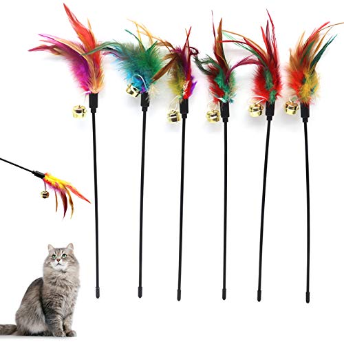 Besimple 6 Stück Katzenfederstab-Spielzeug, Katzenfarbe variiert Feder-Teaser Übungsstab, Bunte Federn, Glockenspielzeug für Katzen und Kätzchen von Besimple