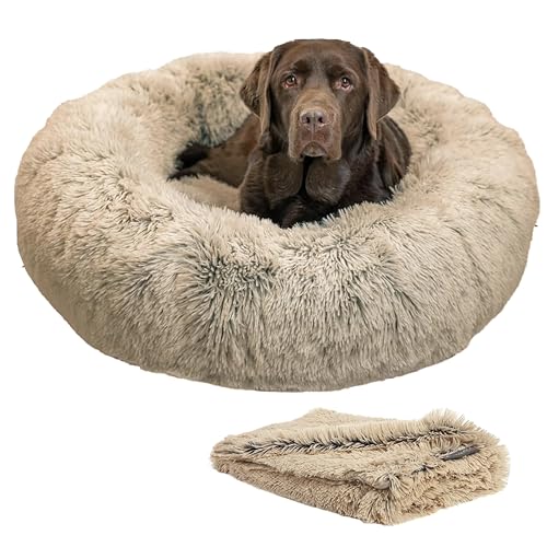 Best Friends by Sheri Set The Original Calming Shag Donut Cuddler Katzen- und Hundebett + Haustier-Überwurfdecke, Taupe, groß, 91,4 cm von Best Friends by Sheri
