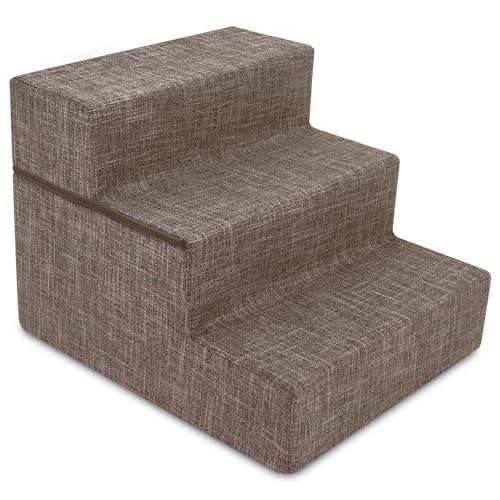 Best Pet Supplies Tragbare Faltbare Schaumstoff-Haustiertreppe für Couch, Sofa und Hochbett, rutschfeste Unterseite, ausgewogener Pfotensicher, braunes Leinen, faltbar, 3-stufig (H:41,9 cm) von Best Pet Supplies