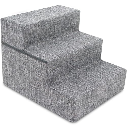 Best Pet Supplies Tragbare Faltbare Schaumstoff-Haustiertreppe für Couch, Sofa und Hochbett, rutschfeste Unterseite, ausgewogener Pfotensicher, graues Leinen, faltbar, 3-stufig, (H: 41,9 cm) von Best Pet Supplies