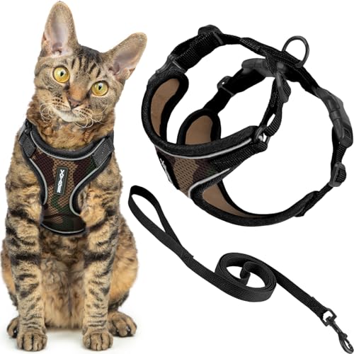Best Pet Supplies Voyager-Set, ausbruchsicheres Katzengeschirr mit 1,5 m Langer Leine, reflektierende Nähte, Neoprengriff, für kleine, mittelgroße und große Katzen, Armee-Muster, Größe XS von Best Pet Supplies
