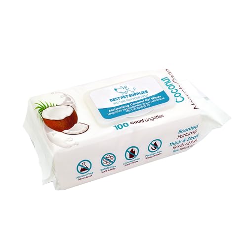 Tierpflegetücher für Hunde und Katzen (100 Stück) by Best Pet Supplies - Natürlicher Duft für Mäntel und trockene, juckende oder empfindliche Haut, Feuchtigkeitsspendende Kokosnuss, size 20x23 cm von Best Pet Supplies