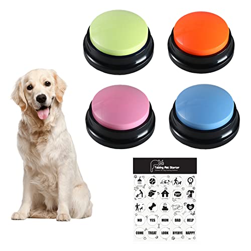 BestAlice 4 Packungen Hundeknopf für Kommunikation, Sprachaufnahme-Taste mit 25 Aufklebern, Haustier-Trainingssummer beschreibbares Hundesprechtasten-Set von BestAlice