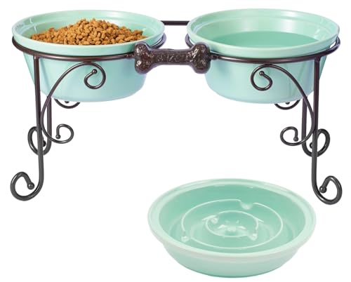 SparkWorks Praktischer Duo-Ständer Wasser-/Fressnapf-Halter Futterbar Futter-Station Hunde Katzen Doppelter Napf-Ständer Hundebar Knochen-Design [Große Version, mit Grün Steingut-Schüsseln] von SparkWorks