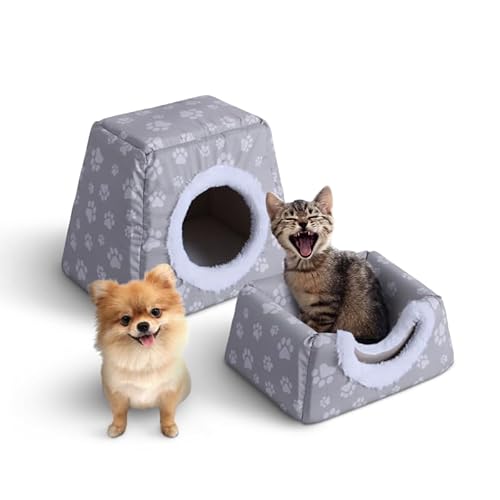 Bestlivings Katzenhöhle Taupe 2in1 (38x29x33cm) ÖKO-Tex - Höhle verwandelbar in Katzenbett - inkl. Kuschelkissen - Formstabiles Katzensofa Katzenhaus von Bestlivings