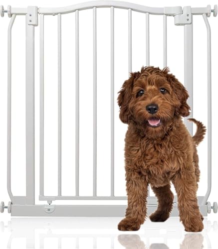Bettacare Gebogenes Hundetor, 71cm - 80cm, Mattweiß, Druckmontage Haustiergitter für Hunde und Welpen, Haustiersperre, Einfache Installation von Bettacare