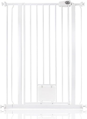 Bettacare Haustiergitter mit Verriegelbarer Katzenklappe, 81.4cm - 89cm, Weiß, 104cm in der Höhe, Extra Hohes Haustier Sicherheitsgitter mit Katzenklappe, Einfache Installation von Bettacare