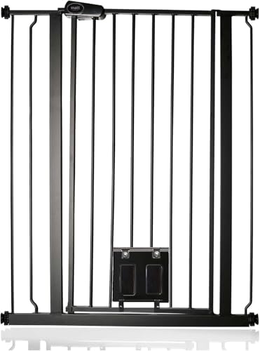 Bettacare Haustiergitter mit Verriegelbarer Katzenklappe, 81.4cm - 89cm, Schwarz, 104cm in der Höhe, Extra Hohes Haustier Sicherheitsgitter mit Katzenklappe, Einfache Installation von Bettacare