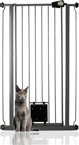 Bettacare Haustiergitter mit Verriegelbarer Katzenklappe, 68.5cm - 75cm, Schiefergrau, 104cm in der Höhe, Extra Hohes Haustier Sicherheitsgitter mit Katzenklappe, Einfache Installation von Bettacare