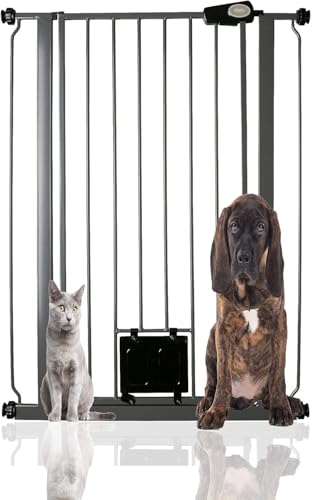 Bettacare Haustiergitter mit Verriegelbarer Katzenklappe, 75cm - 84cm, Schiefergrau, 104cm in der Höhe, Extra Hohes Haustier Sicherheitsgitter mit Katzenklappe, Einfache Installation von Bettacare
