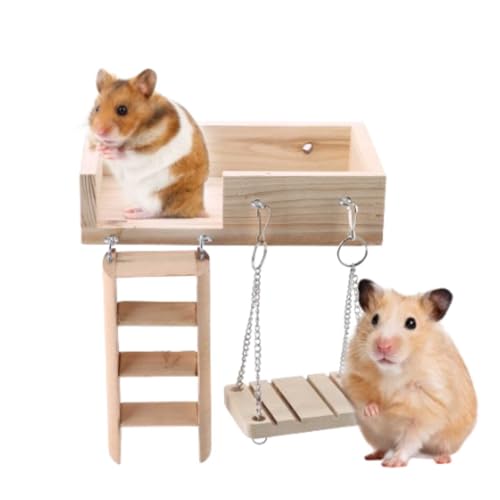Hamster-Plattform Mit Leiter, Lustiges Hamster-Kletterspielzeug aus Holz, Hamsterkäfig, Krabbelleiter, Rattenkäfig-Zubehör Mit Schaukeln Für Kleine Haustiere von Beufee