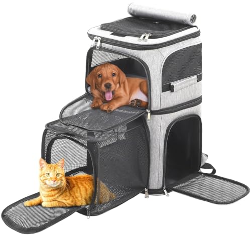 Erweiterbarer Katzenrucksack Tragetasche für 2 Katzen, Hunderucksack für 2 kleine Haustiere Hunde, Eingebauter Rahmen Stützplatte und Sicherheitsgurte, Faltbar von Beviliu