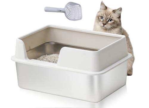 Bewinner Edelstahl Katzentoilette 19.7 x 13.8 x 9.8in - Open Top High Side Large Litter Pan mit Schaufel - Antihaft Glatte Oberfläche Katzentoilette für Katzen und Kaninchen von Bewinner