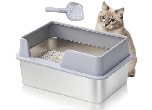 Bewinner Edelstahl Katzentoilette 19.7 x 13.8 x 9.8in - Open Top High Side Large Litter Pan mit Schaufel - Antihaft Glatte Oberfläche Katzentoilette für Katzen und Kaninchen von Bewinner