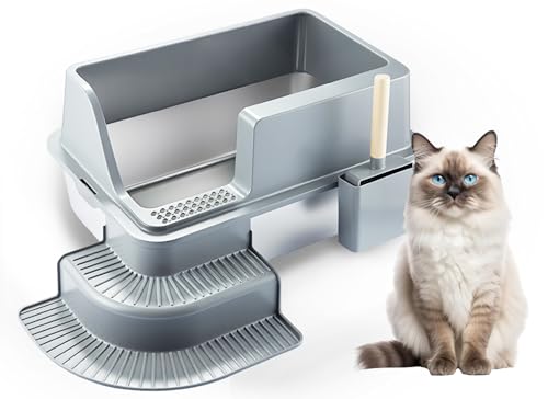 Bewinner Edelstahl Katzentoilette groß mit Treppen & Schaufel - Open Top High Side Large Litter Pan - Antihaft Glatte Oberfläche Katzentoilette für alle Katzen von Bewinner