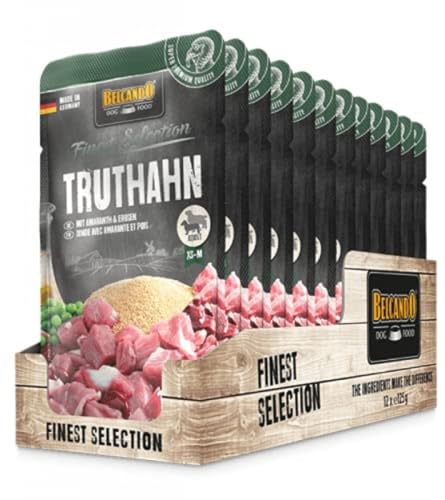 Belcando Finest Selection Truthahn mit Amaranth & Erbsen | 12 x 125 g | Feuchtnahrung für ausgewachsene Hunde | Saftiges Truthahnfleisch schonend im Portionsbeutel gegart von Belcando