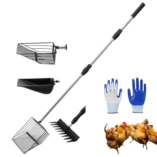 Bexdug Kotschaufel für Hühnerstall, ausziehbare Streu-Siebschaufel, 4 Schaufelköpfe, ergonomisches Reinigungswerkzeug für die Wartung von Streu, Tierabfällen von Bexdug