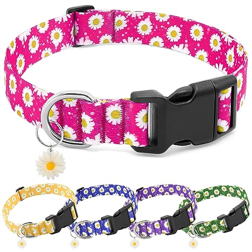 BiPawTi Hundehalsband mit Blumen-Motiv für große Hunde – weiches, niedliches Hundehalsband für Mädchen, hübsches Blumenmuster, rosa Halsband mit Gänseblümchen-Charms, Geschenk für weibliche männliche von BiPawTi