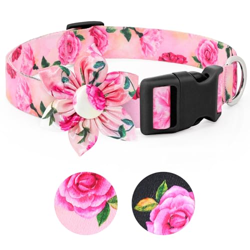 BiPawTi Hundehalsband mit Blumenmuster, weiches Hundehalsband für große Hunde, niedliches Hundehalsband mit Blumenmuster, für Mädchen, Hunde, Frauen (Rosa, L) von BiPawTi
