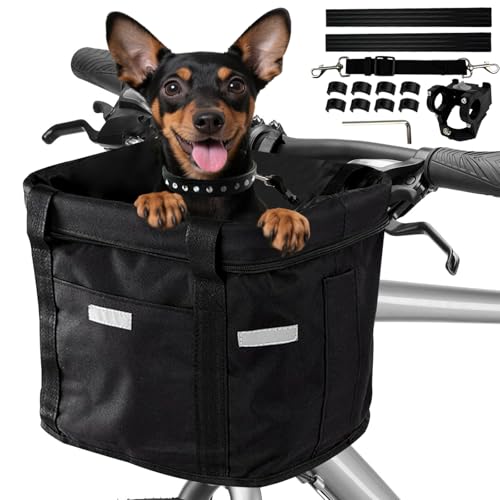 Bibykivn Fahrradkorb Vorne, Faltbar Wasserdicht Fahrrad Lenkerkorb, Abnehmbare Fahrradkorb für Haustiere mit Aluminiumrahmen, für Kleiner Hund, Einkaufen, Reisen (Schwarz Reflektierend) von Bibykivn