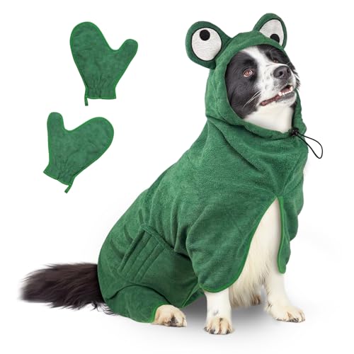 Bibykivn Hundebademantel, Einstellbare Dichtheit Hundebademantel mit Klettverschluss, Schnelltrocknender Hundebademantel, für Große Mittelgroße Kleine Hunde/Katze (Frog-Green, M) von Bibykivn