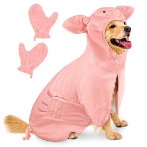 Bibykivn Hundebademantel Schnell Trocknend Badetuch aus Mikrofaser, Einstellbar Hundehandtuch mit Klettverschluss, Saugfähiger Hunde Bademantel mit Hut für Große Hunde (Schweinchen, XL) von Bibykivn