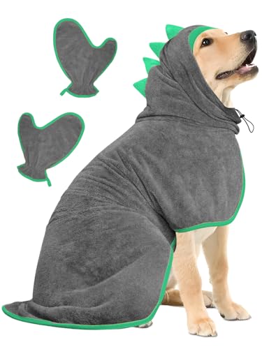 Hundebademantel Schnell Trocknend Badetuch aus Mikrofaser, Bibykivn Einstellbar Hundehandtuch mit Klettverschluss, Saugfähiger Hunde Bademantel mit Hut für Mittlere Kleine Hunde (Grau grün, M) von Bibykivn