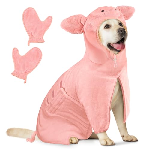 Bibykivn Hundebademantel Schnell Trocknend Badetuch aus Mikrofaser, Einstellbar Hundehandtuch mit Klettverschluss, Saugfähiger Hunde Bademantel mit Hut für Große Mittlere Hunde (Schweinchen, L) von Bibykivn
